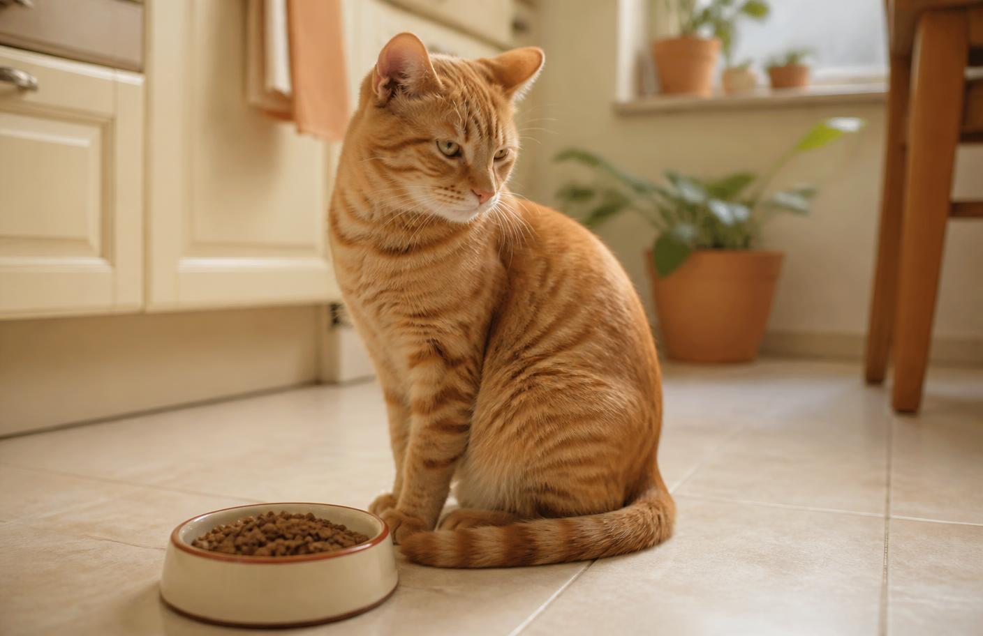 A cat turning away from a bowl of dry food