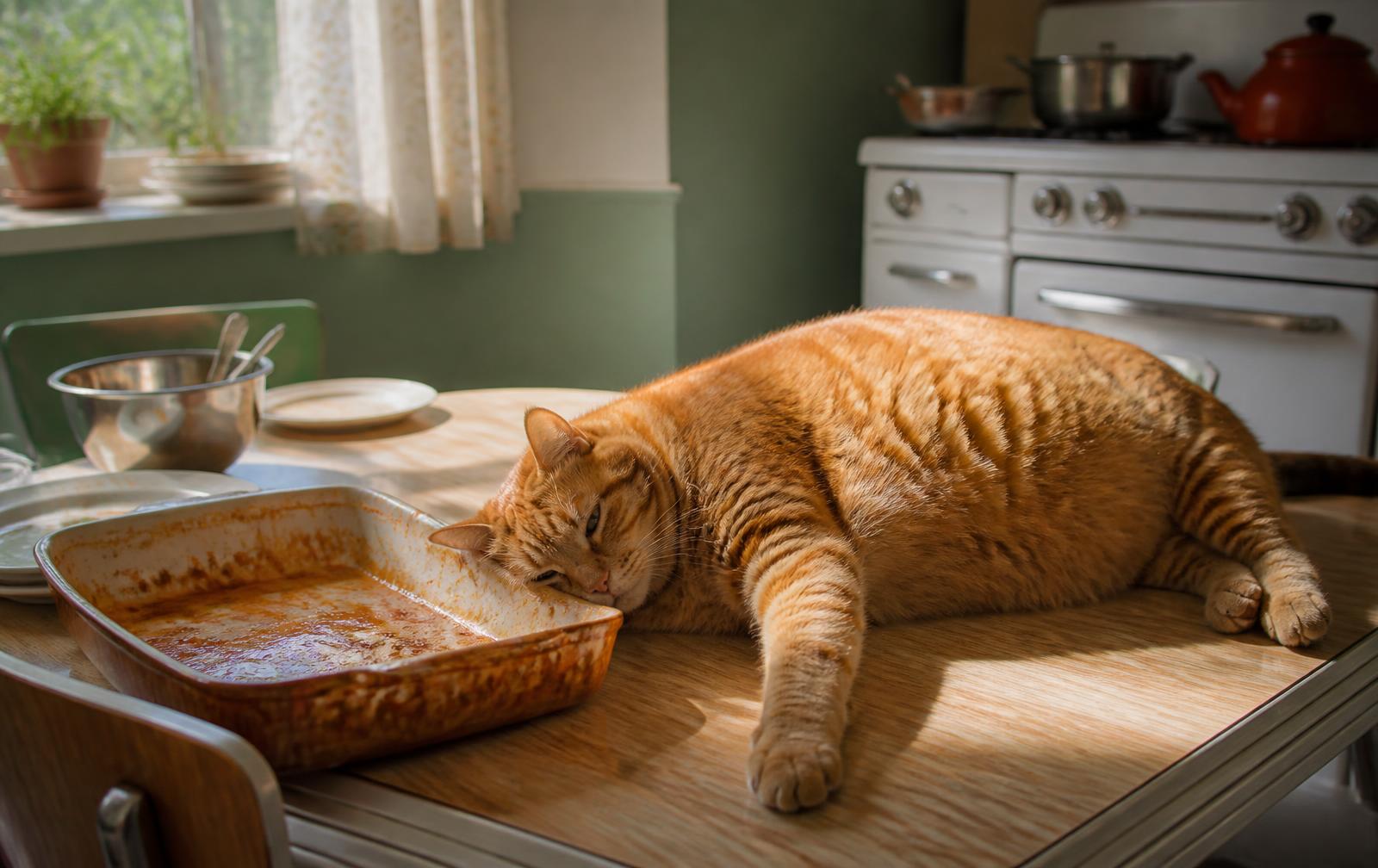 Vintage-style illustration of a plump orange cat lounging beside a plate of lasagna