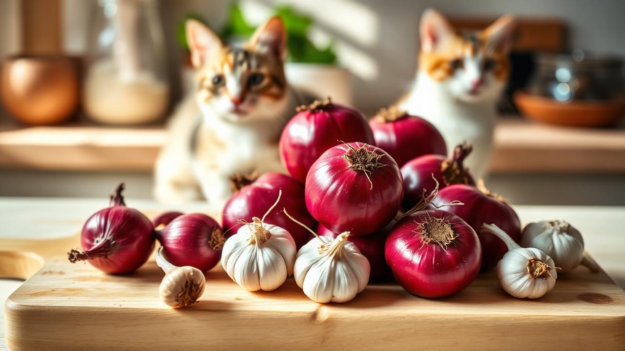 Red onions and garlic bulbs on a kitchen board with cats watching nearby
