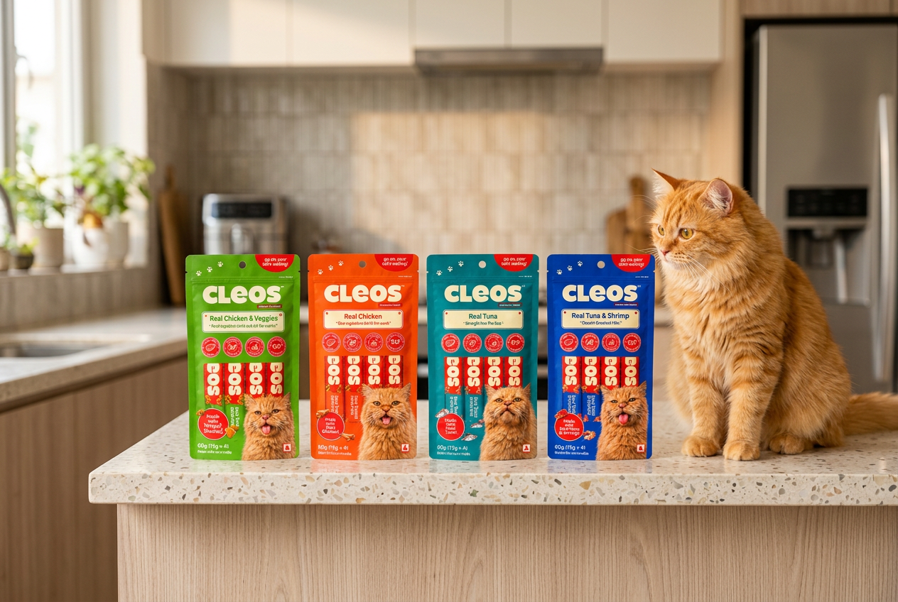 Cleos pouches on a kitchen shelf with a curious cat