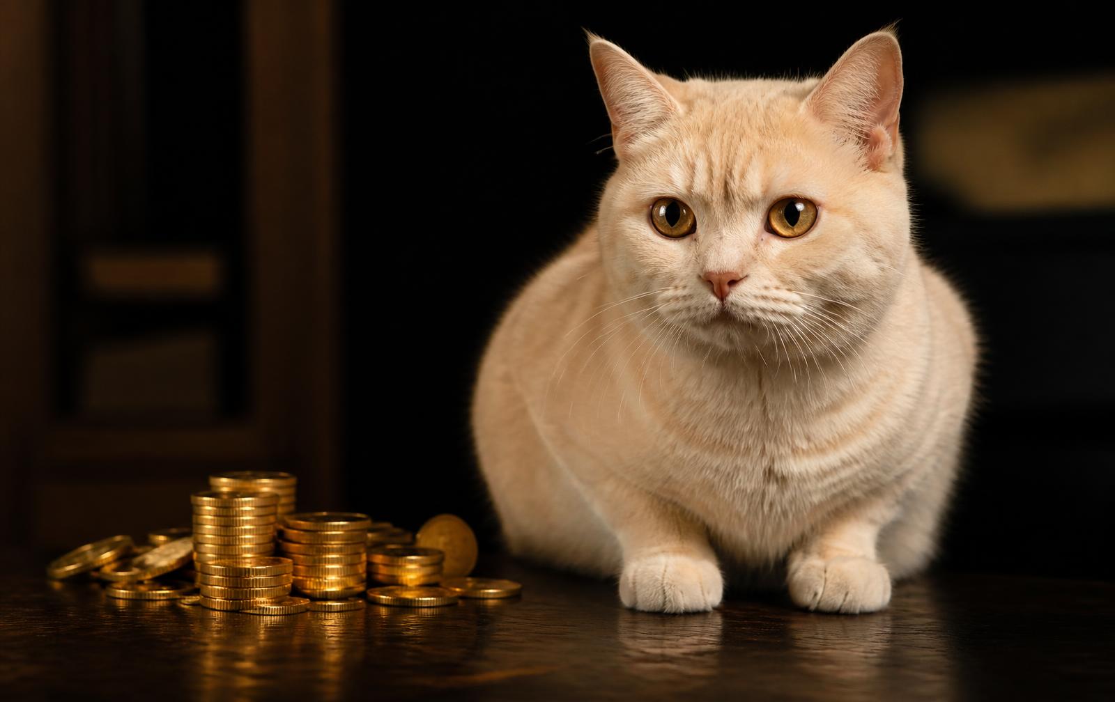 A golden coin-charmed cartoon cat character standing upright like Meowth