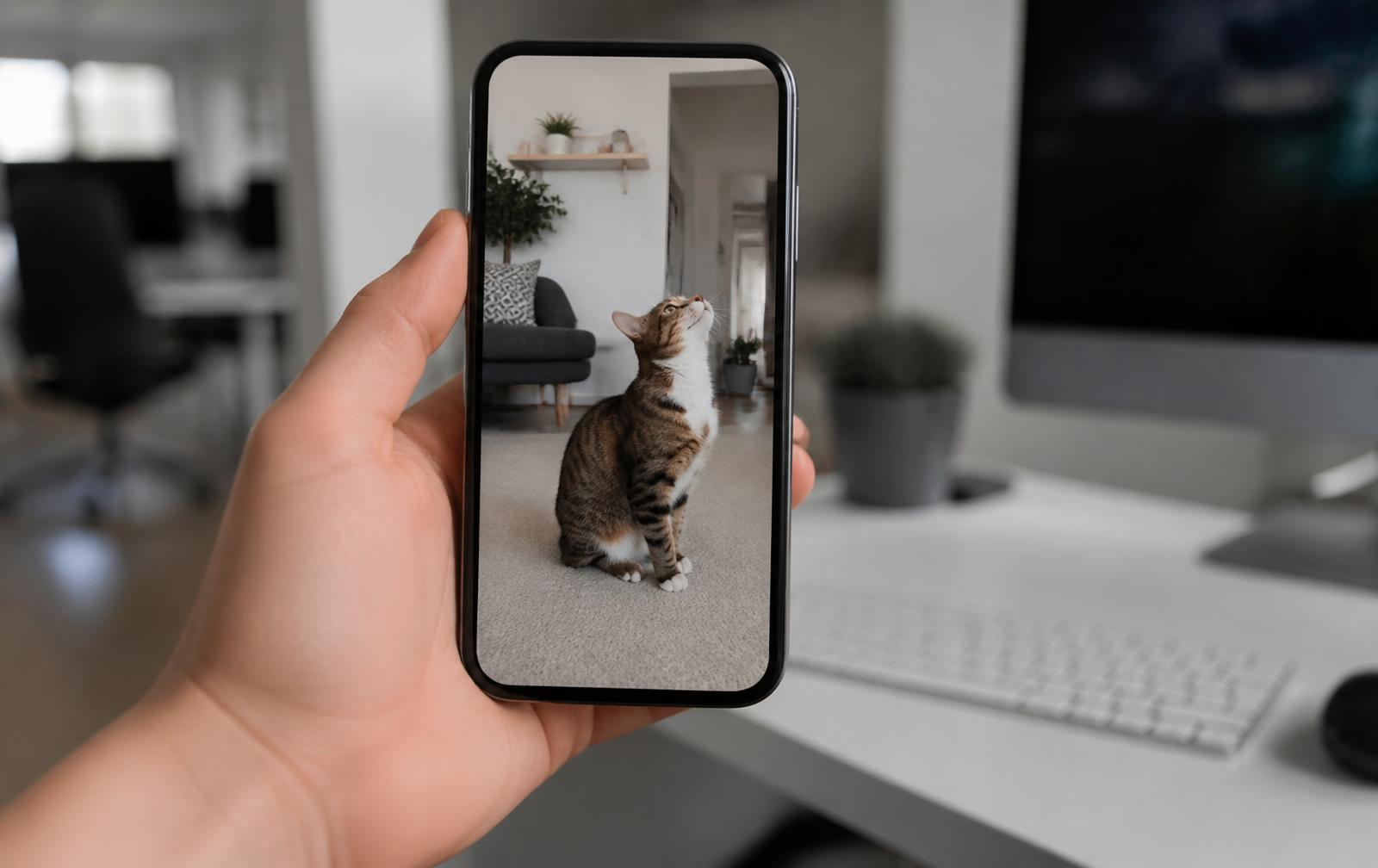 Close-up of a cat looking curiously toward a camera lens on a windowsill