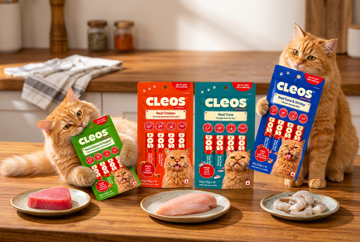 Cleos pouches with the real chicken, tuna and shrimp they name