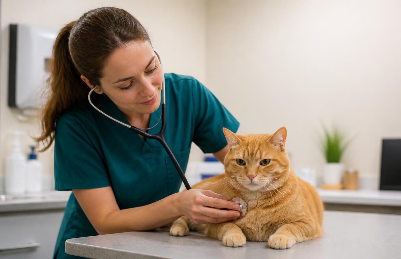 A veterinarian examining a cat during a check-up