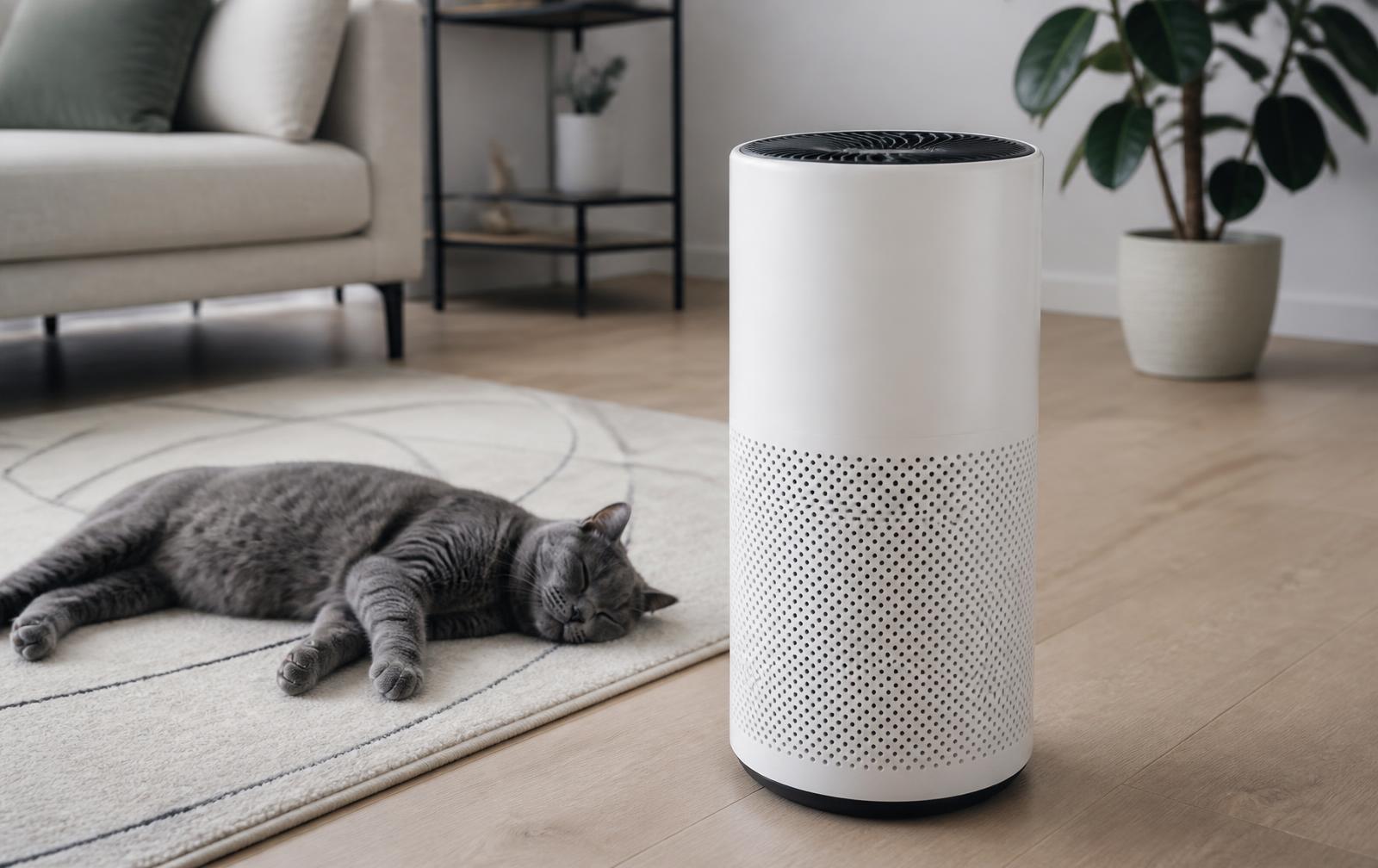 A modern air purifier running in a bright living room with a cat nearby