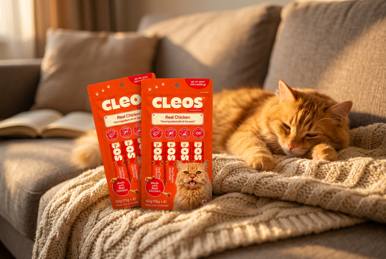 Cleos lickable treat pouches at home on a sofa