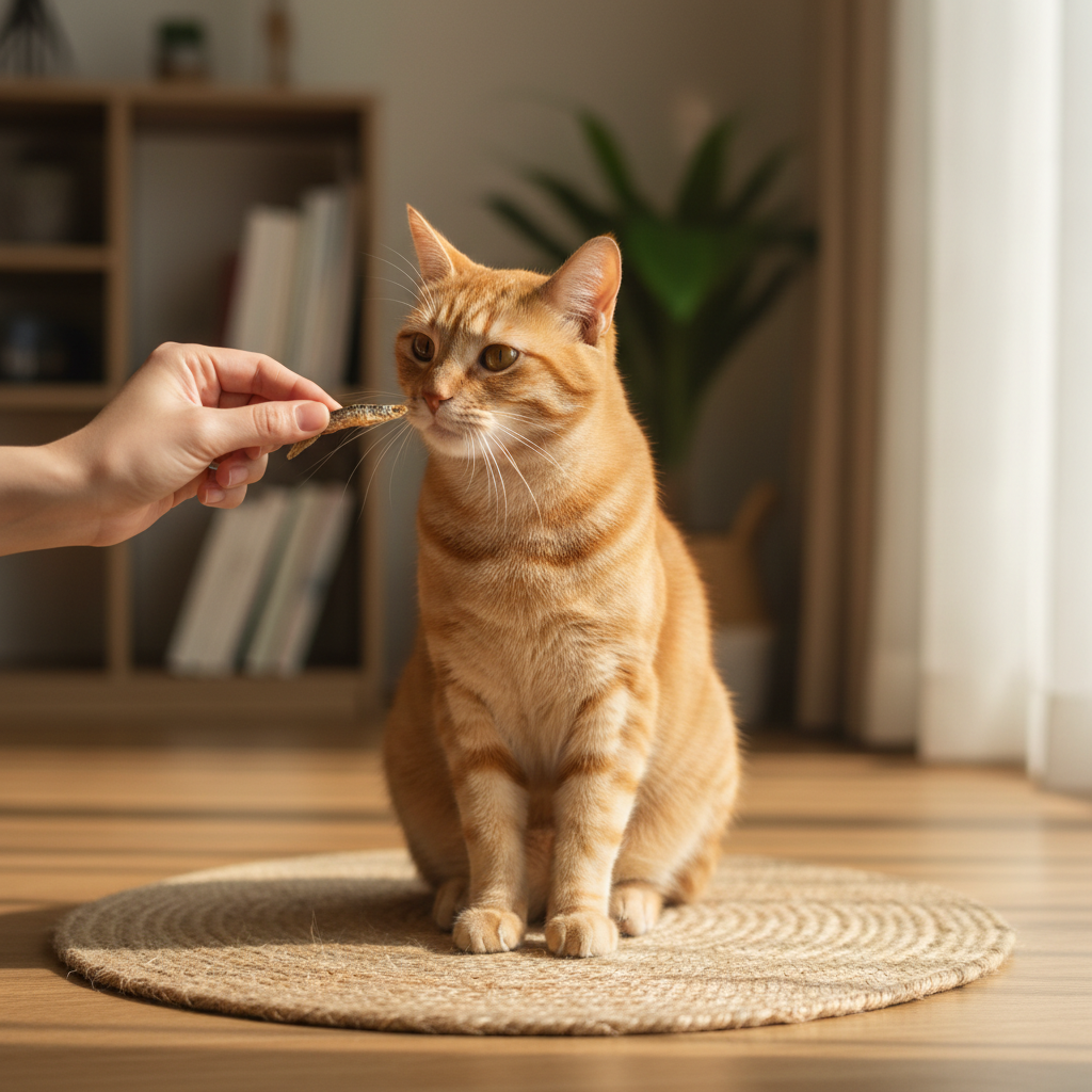 Close-up of a cat's paw reaching towards a hand holding a clicker and treat