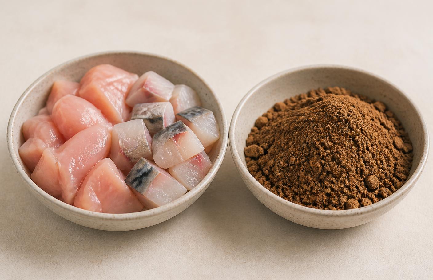Fresh meat beside processed meat meal powder