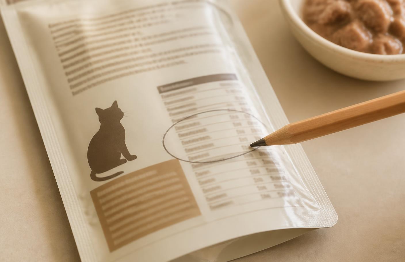 Prioritising high-protein animal sources over meat meals Pencil circling the guaranteed analysis on a cat food pouch