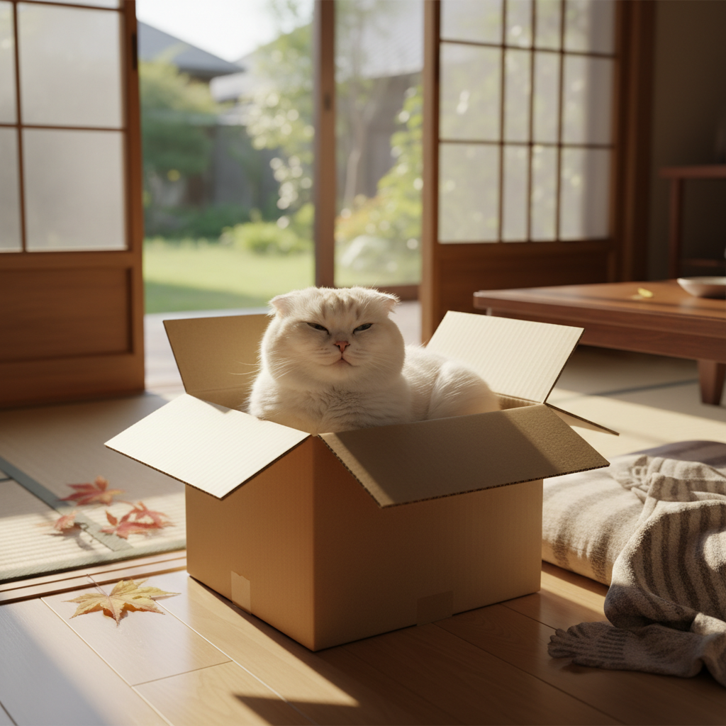 Round-faced cream and white cat peering out from inside a small cardboard box