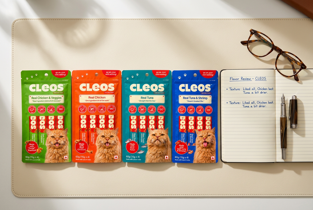 Cleos: Real ingredients, no fillers, just pure feline joy Cleos pouches laid out for a flavour and label review
