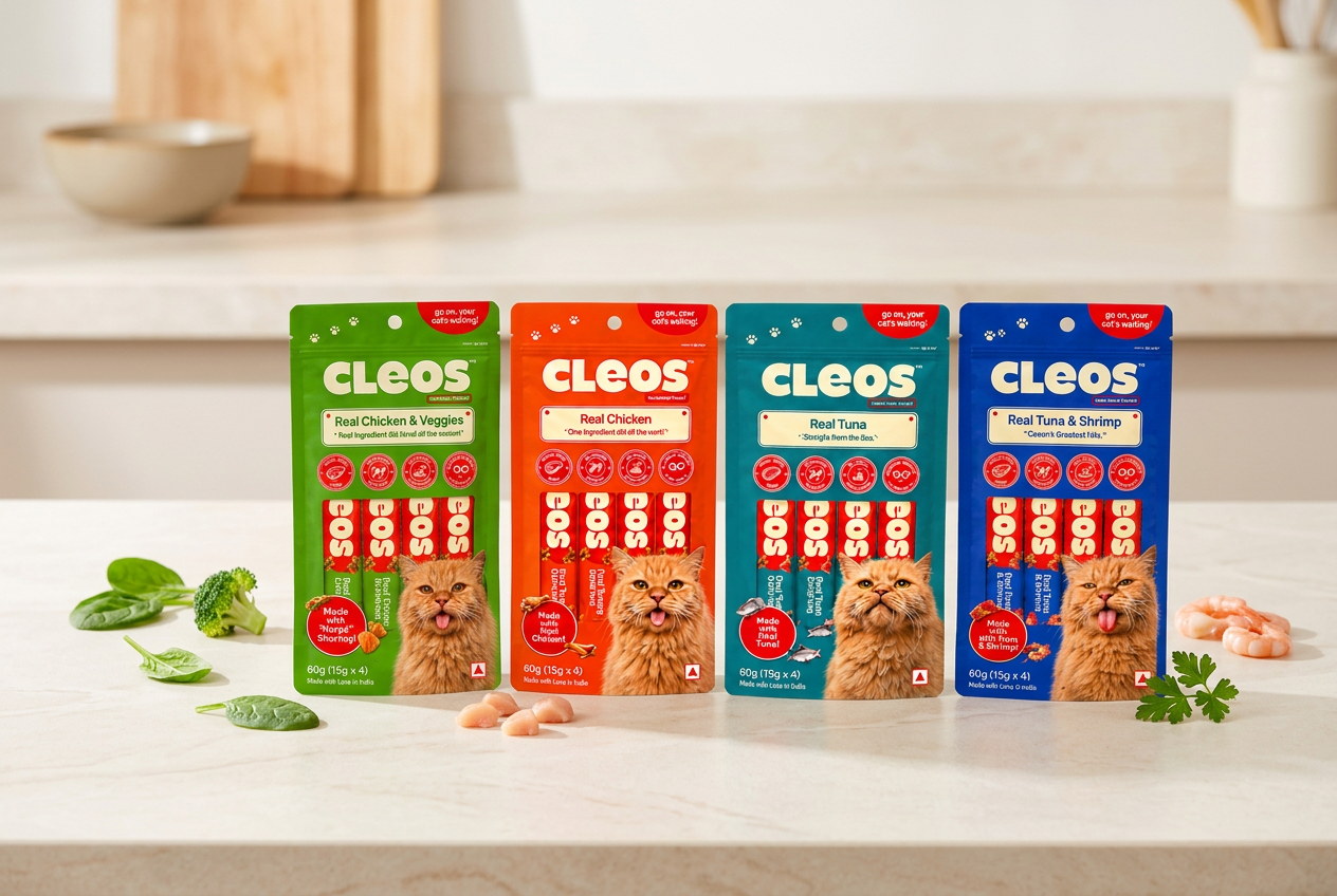 Filler-free Cleos lickable cat treat pouches on a counter