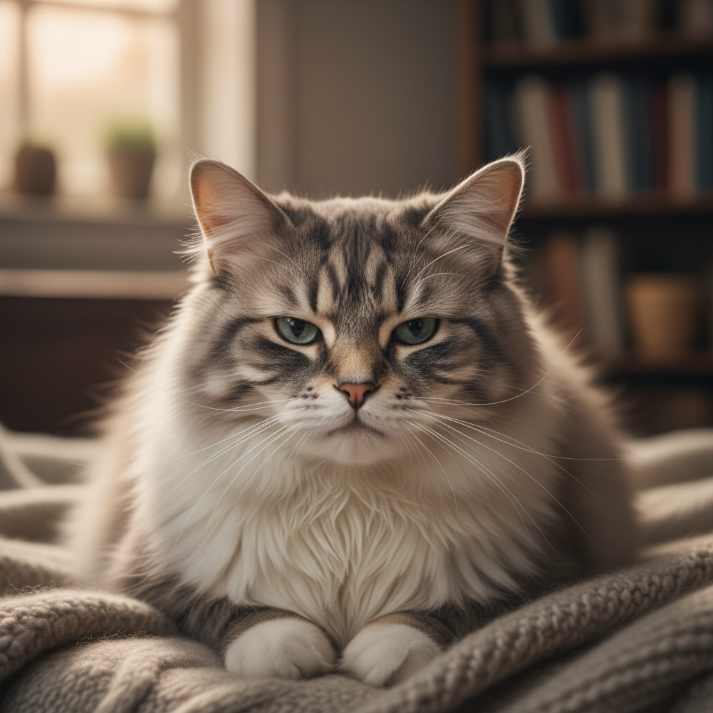 A small tortoiseshell cat with a distinctive frowning expression sitting on a blanket
