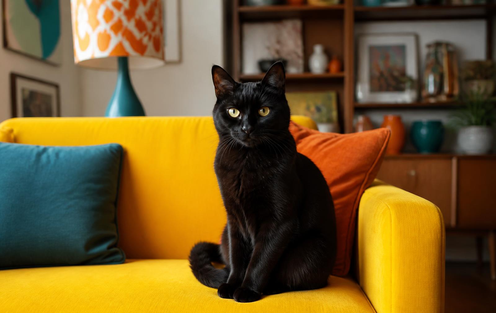 Cartoon-style grey cat sitting on a family sofa in a cosy suburban living room