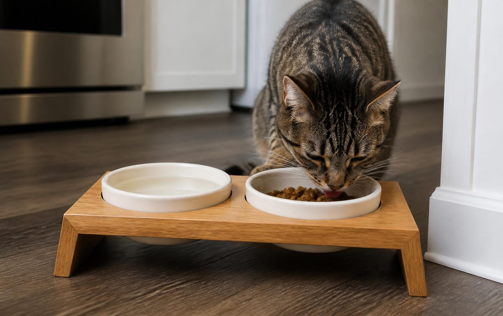 Stainless steel cat food and water bowls set on a clean kitchen floor