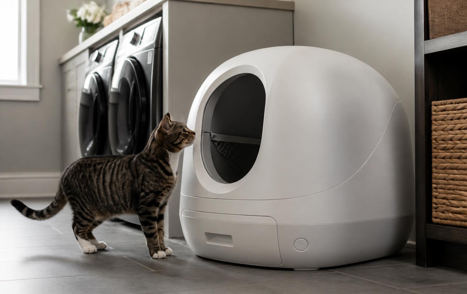 Close-up of a covered self-cleaning litter box mechanism with a cat nearby