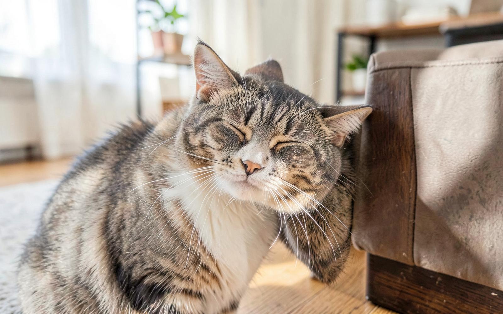 A cat rubbing its cheek against a wooden door frame to scent-mark it