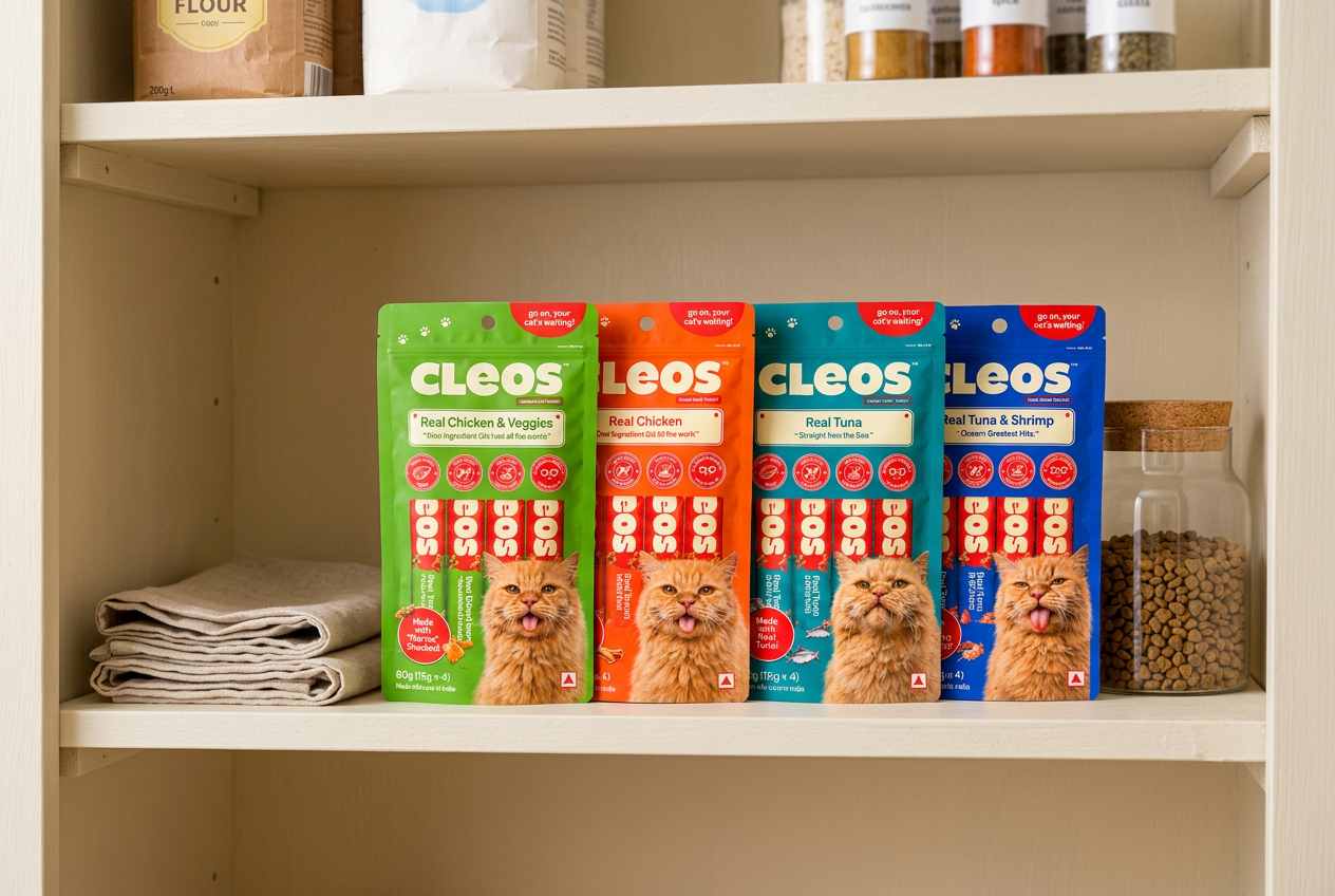 Shelf-stable Cleos treat pouches stored in a pantry