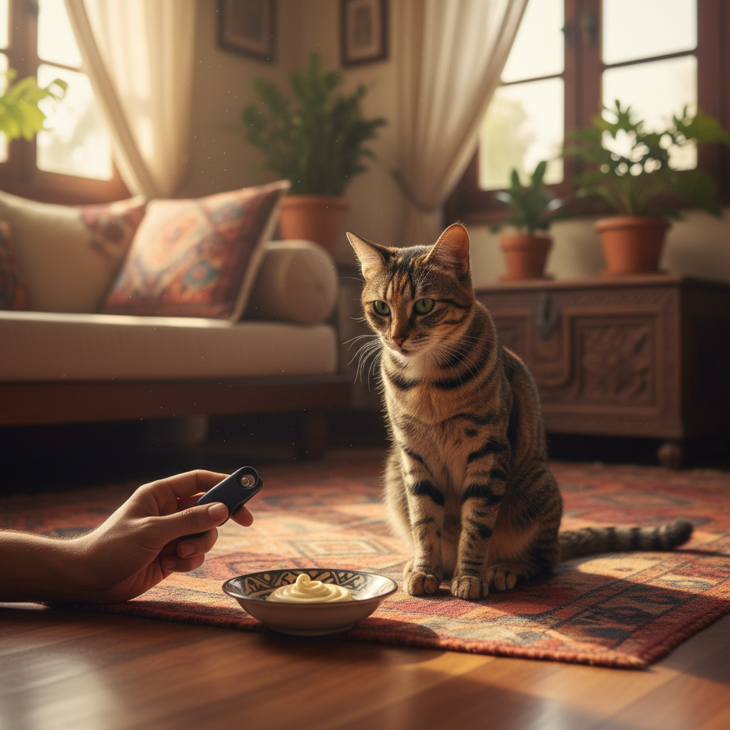 Woman clicker training a tabby cat with a target stick in a bright living room