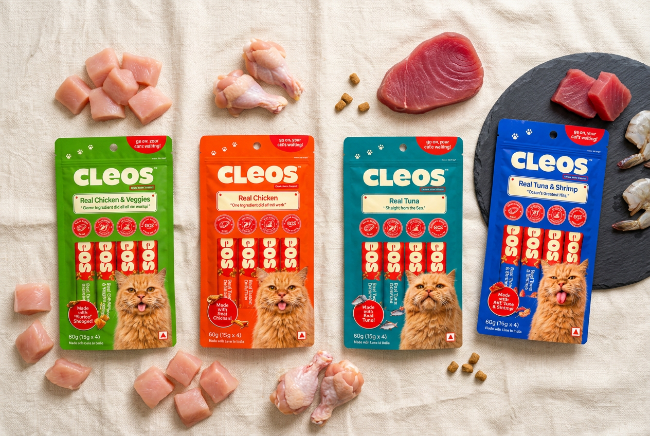 Cleos treat pouches surrounded by raw chicken and tuna