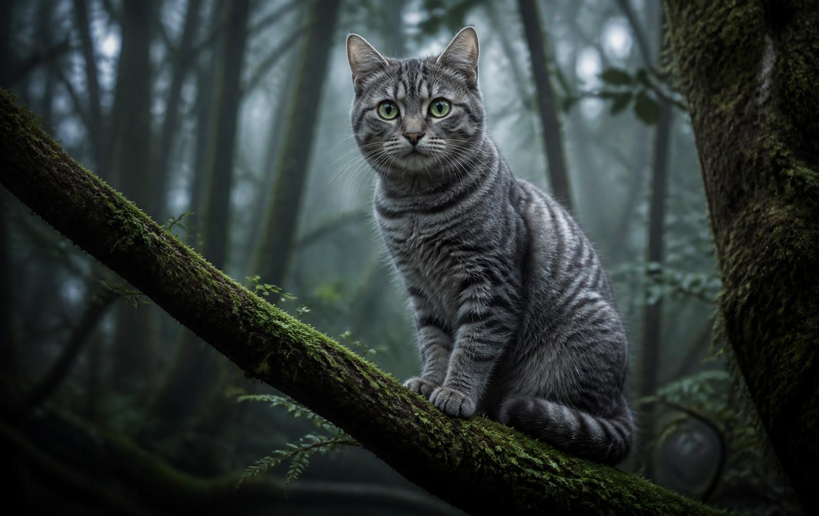 A grey tabby cat with a knowing, half-smiling expression peering from among leafy branches