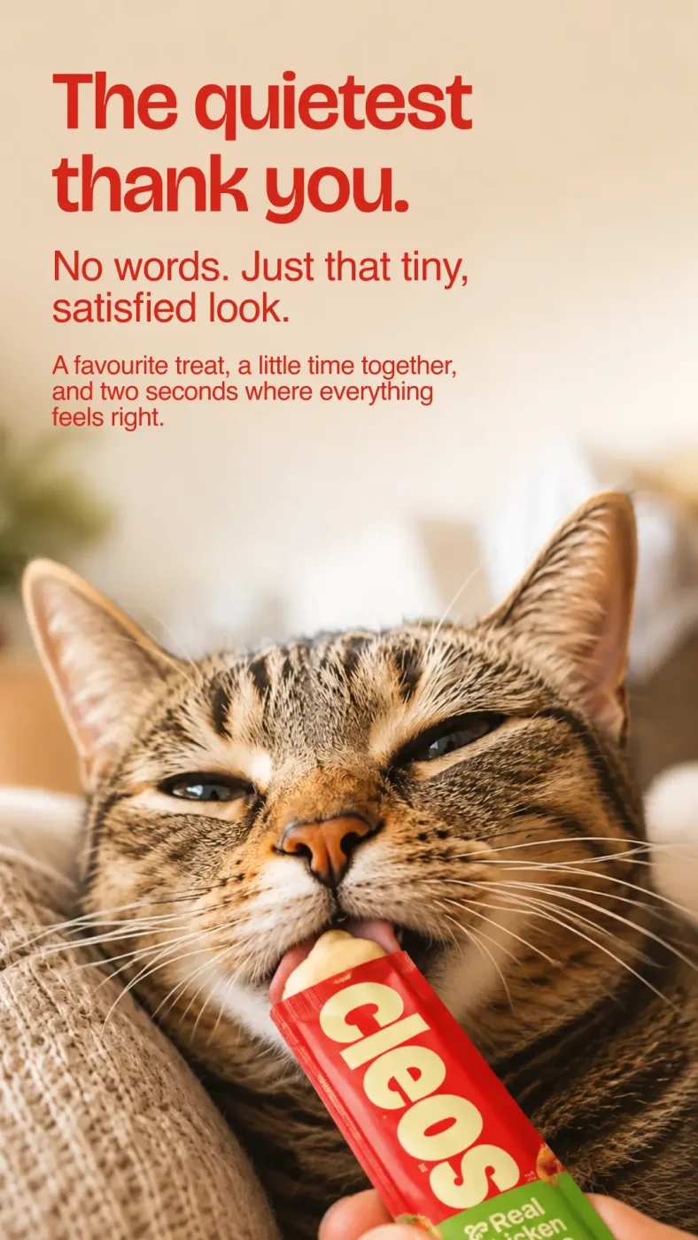 A tabby cat with half-closed eyes licking a Cleos Real Chicken treat from the tube