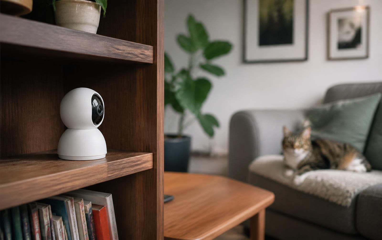 A sleek pet camera mounted on a shelf watching over a cosy living room where a cat naps