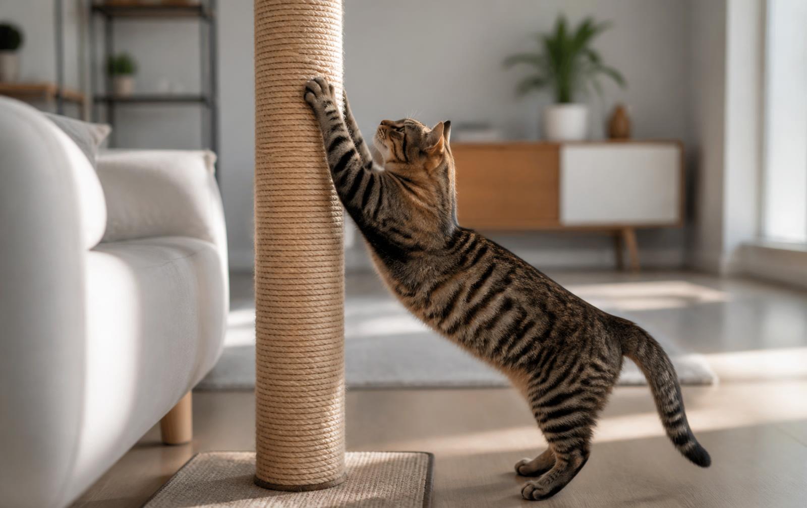A rope-wrapped cat scratching post standing in a living room