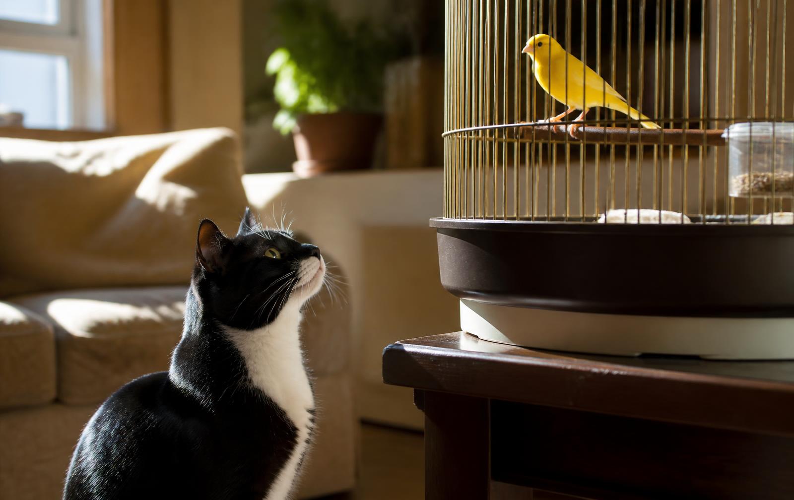 A ginger and white cat perched attentively watching a small bird, evoking the classic Sylvester and Tweety dynamic