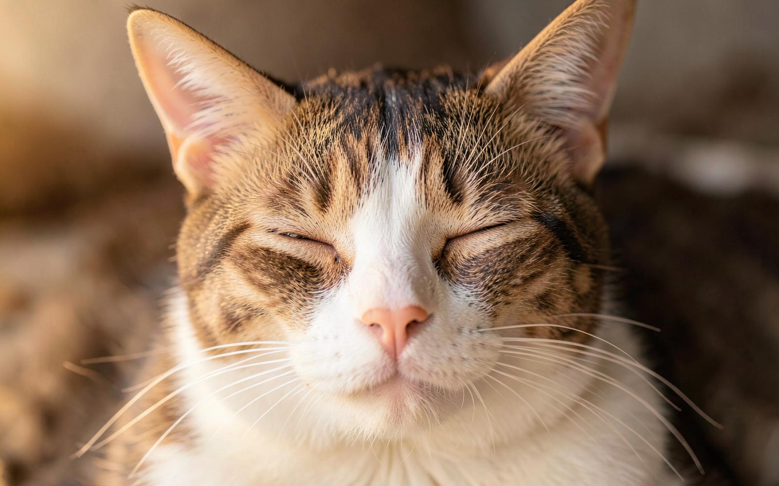 A cat gazing at the camera with eyes relaxed and half closed in a slow blink