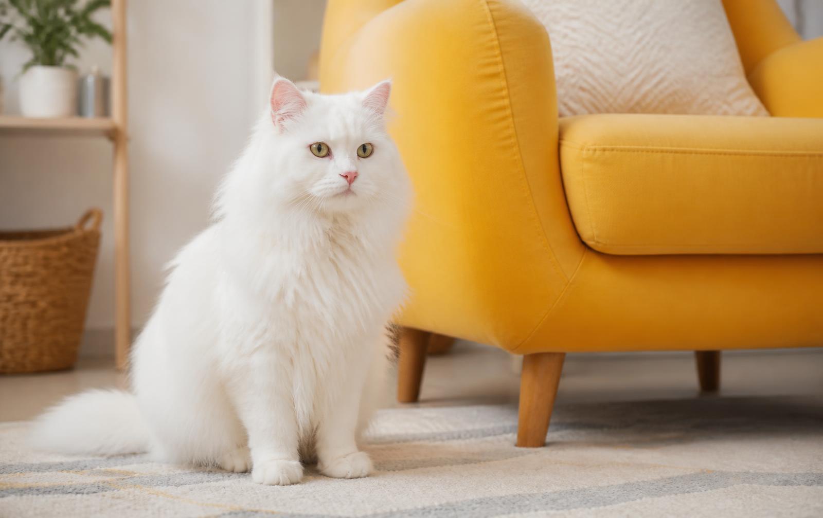 A fluffy white cat beside a yellow armchair in a bright living room