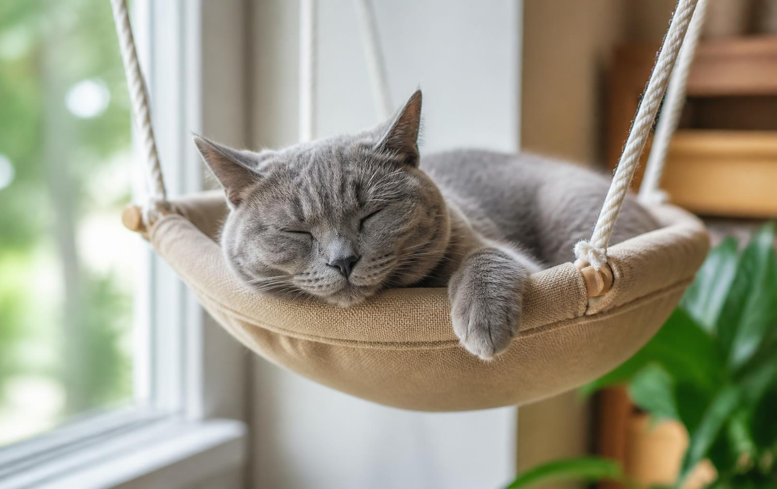 Cozy cat hammock attached to a sunny window frame