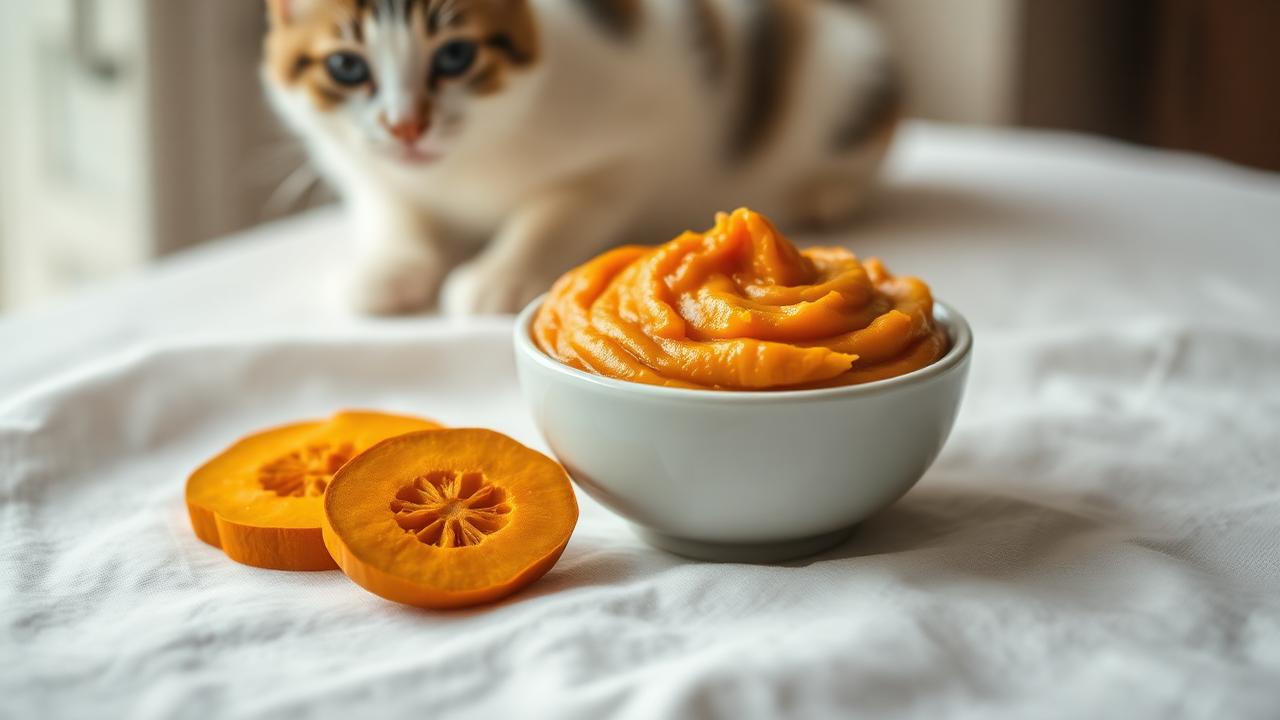 Plain cooked pumpkin puree and pumpkin slices with a cat in the background