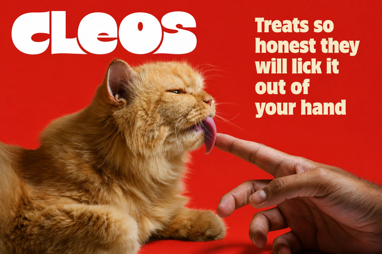 An orange cat licking a treat from a cat parent's finger, beside the Cleos wordmark
