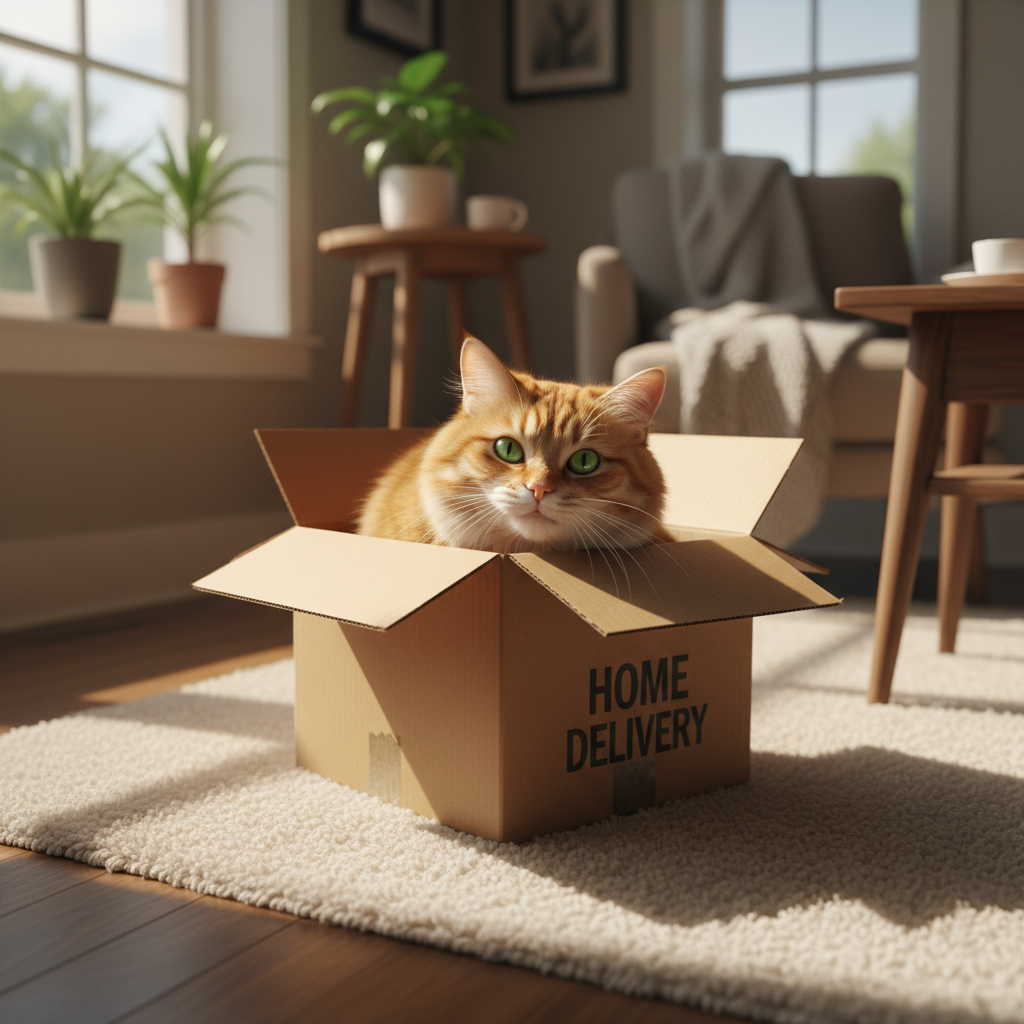 Cat mid-leap approaching an open cardboard box on a wooden floor