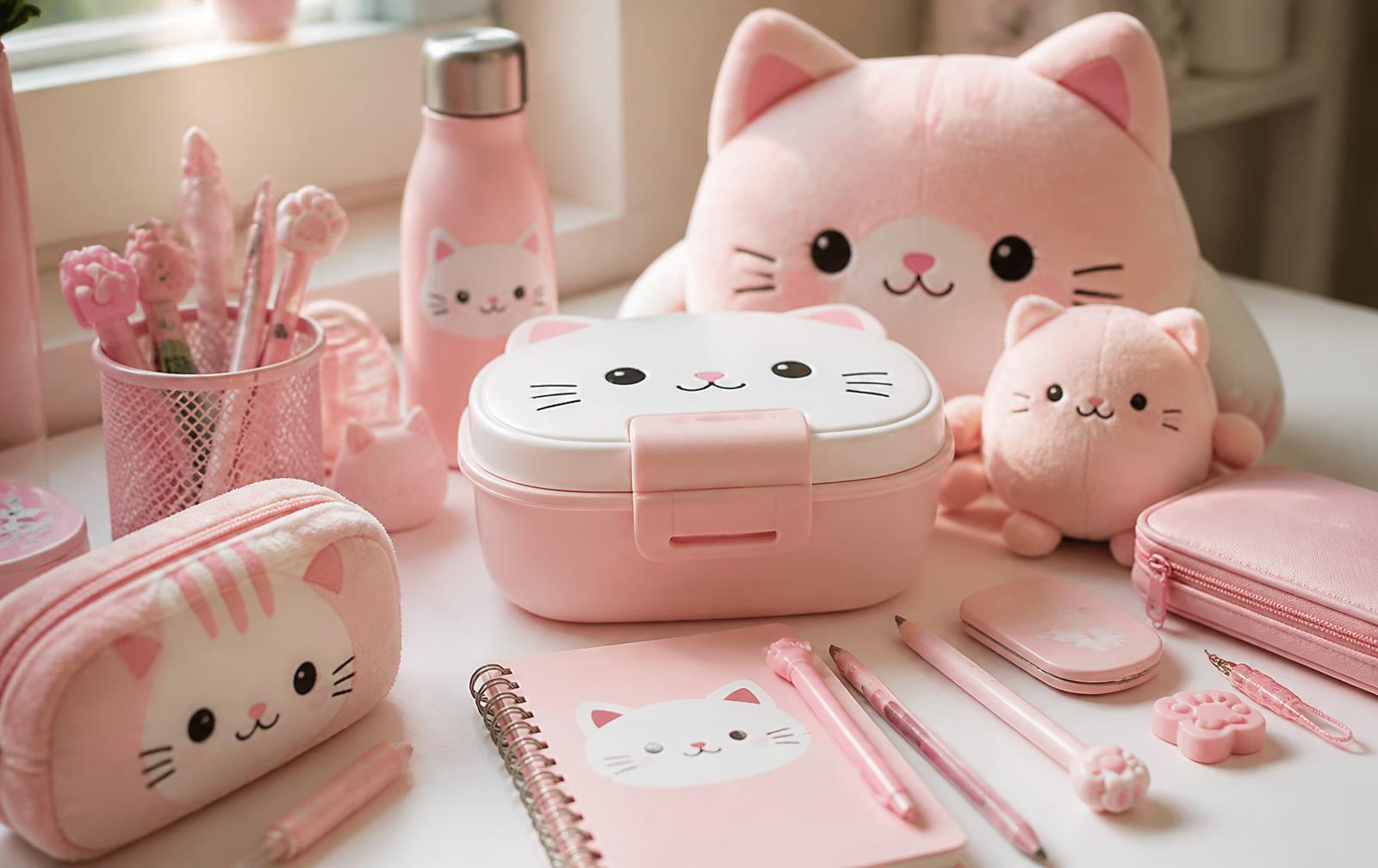 Pastel pink cat-themed stationery and plush toys on a desk