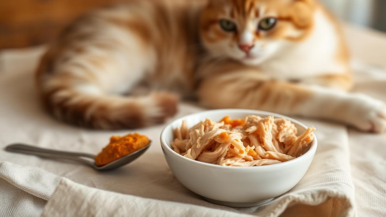Cat sniffing a small bowl of plain cooked pumpkin puree