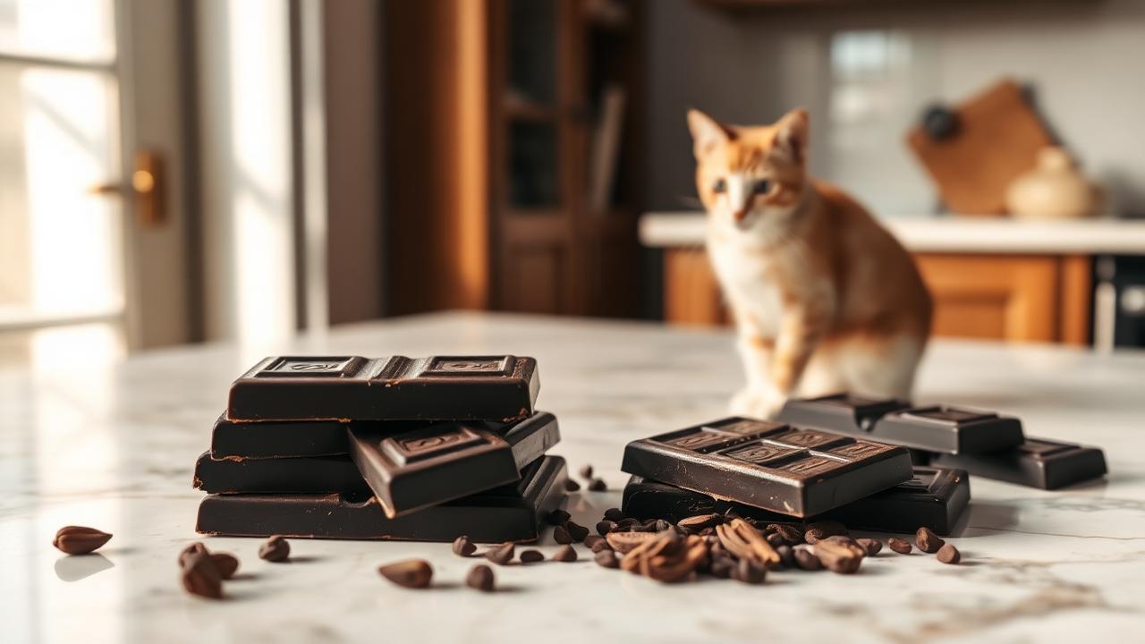 Dark chocolate bars and cocoa nibs on a counter with a cat nearby