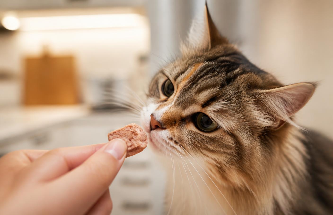A cat sniffing a freeze-dried meat treat