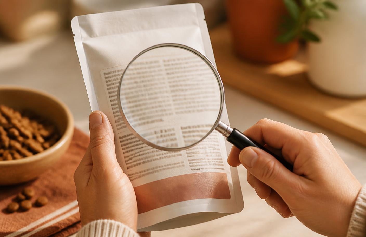 Hands reading the ingredient panel on a plain cat food pack