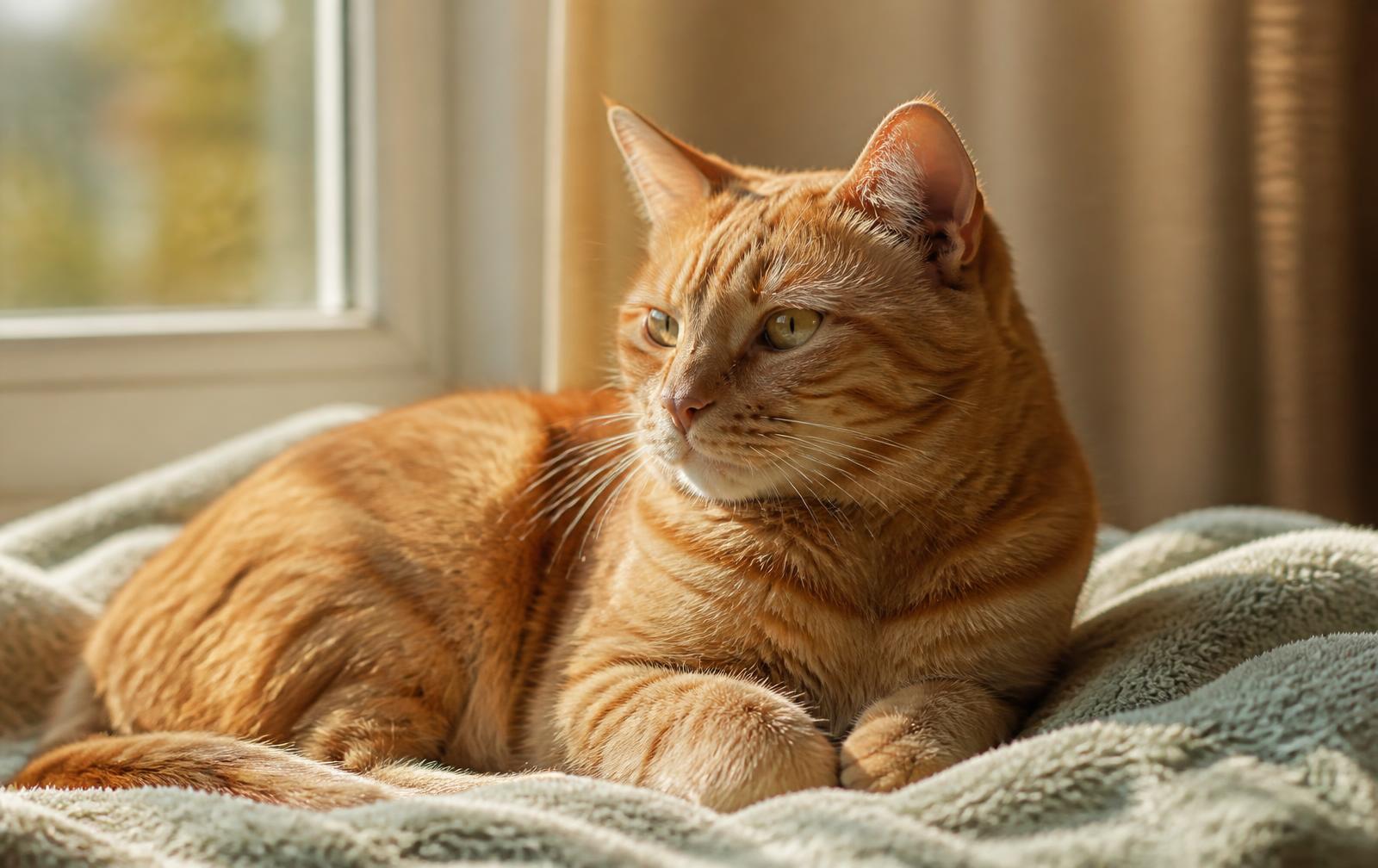 A calm ginger cat resting comfortably indoors on a soft blanket