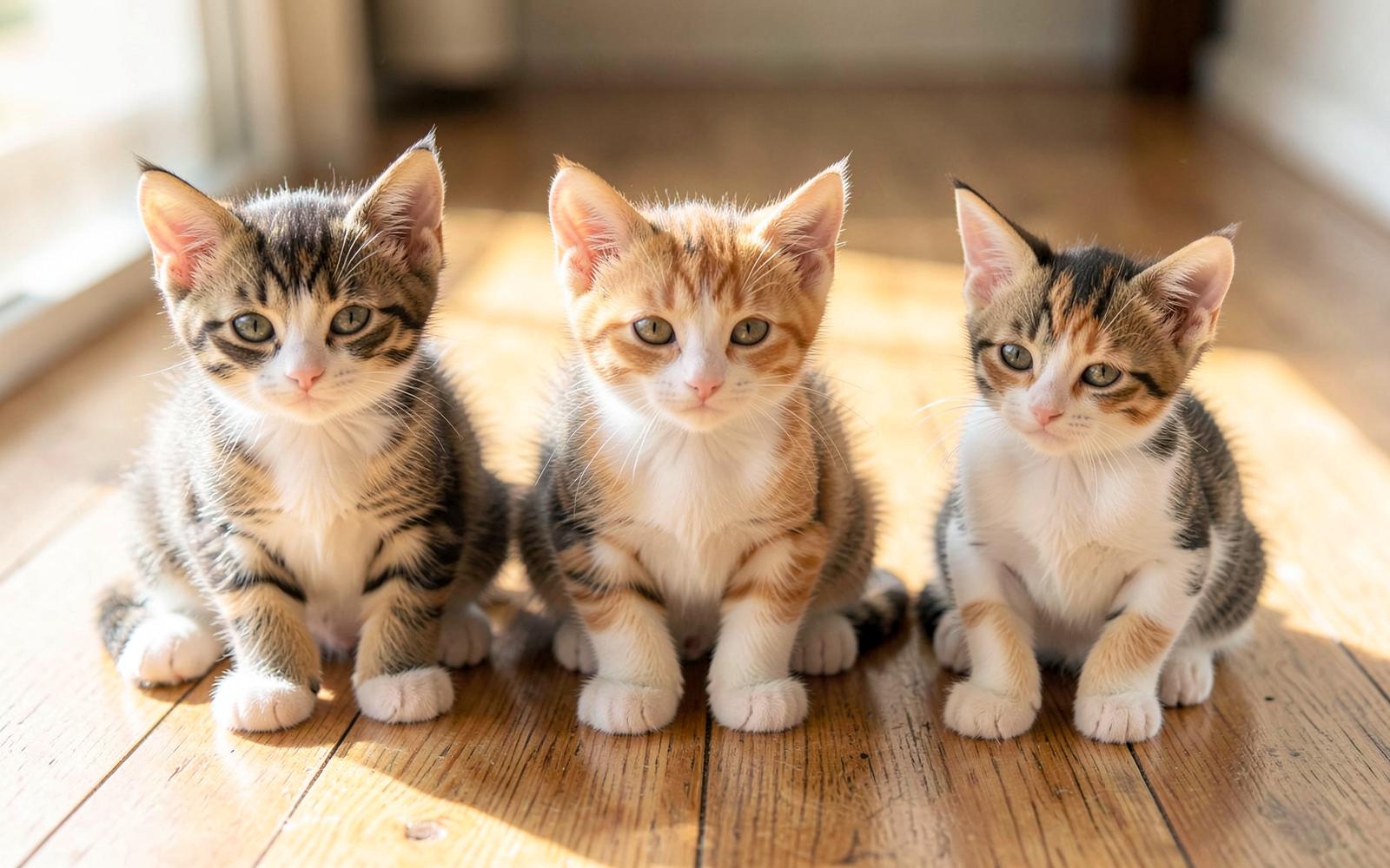 Three kittens of different ages sitting in a row on a wooden floor