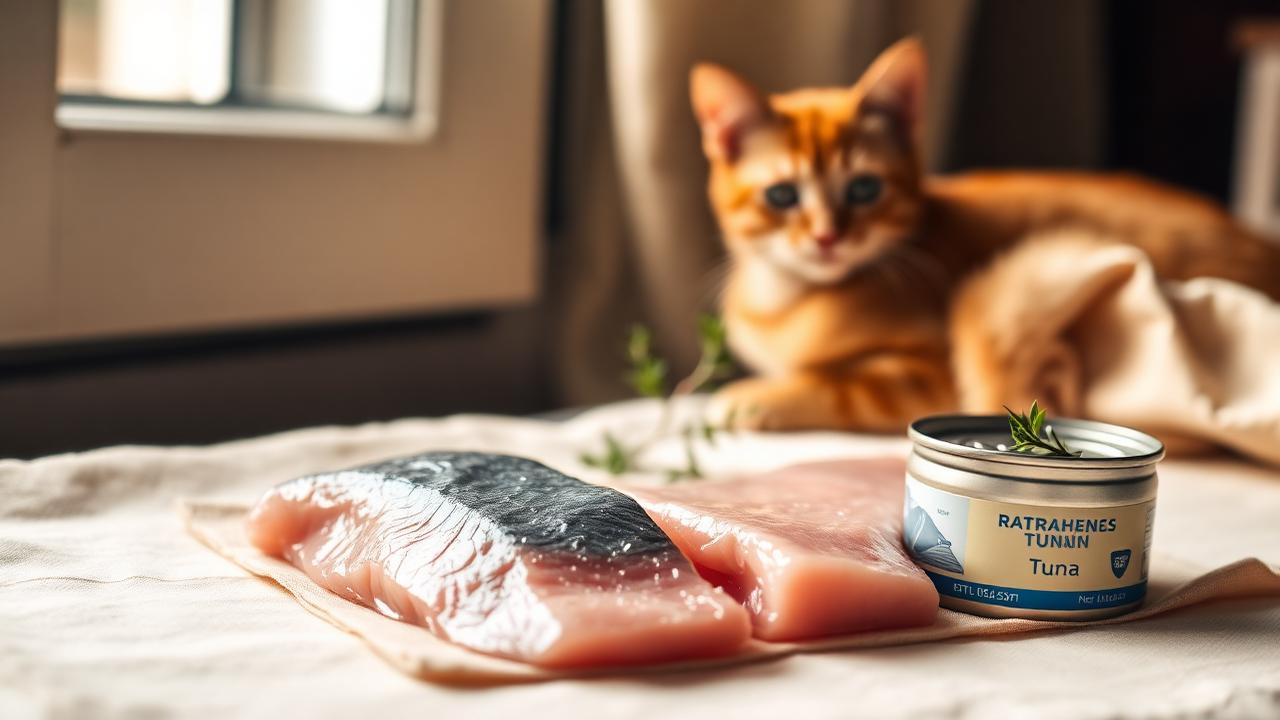Fresh tuna fillet and a tin of tuna beside a curious ginger cat