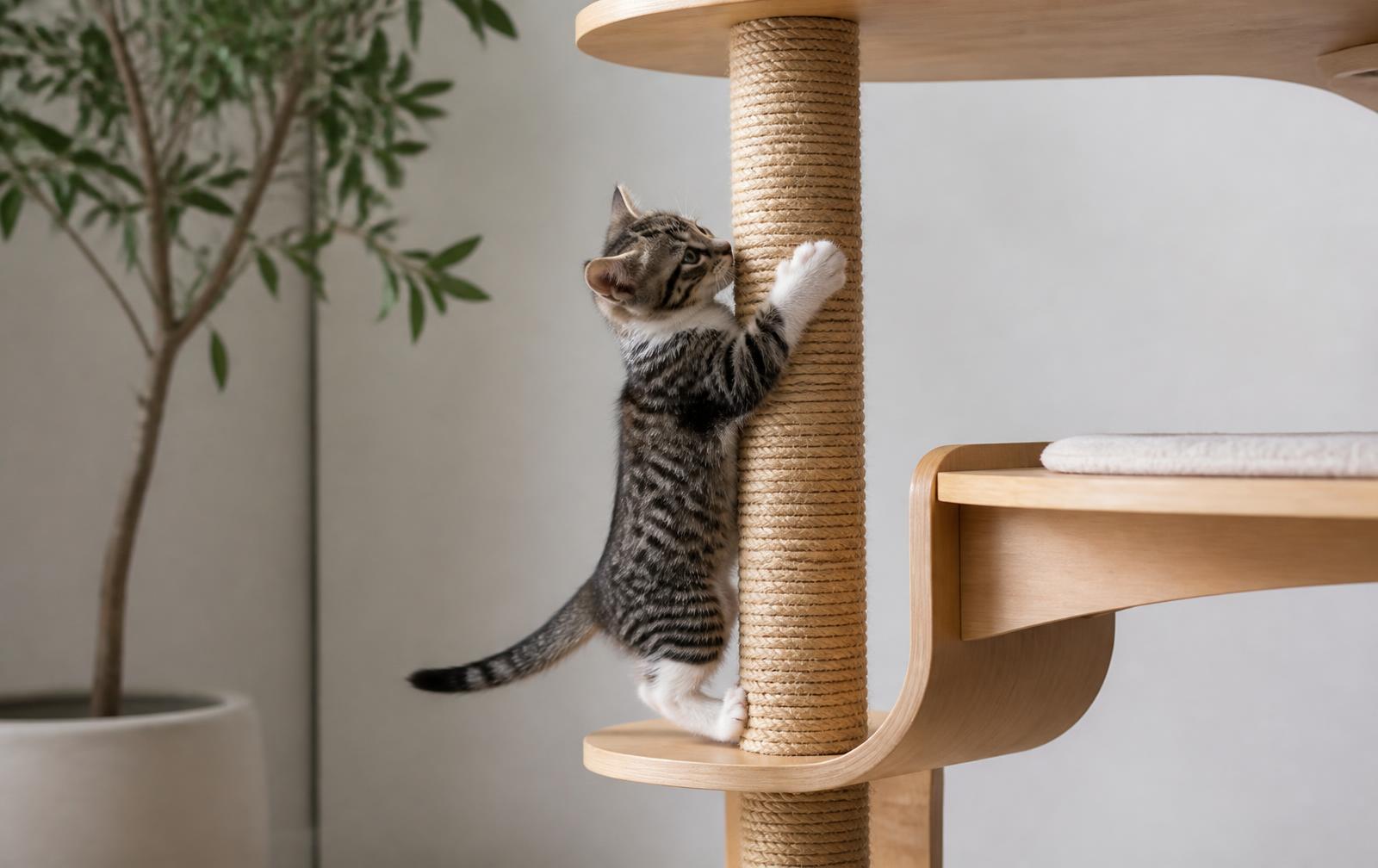 A cat tree with sisal posts and multiple platforms placed beside a sunny window