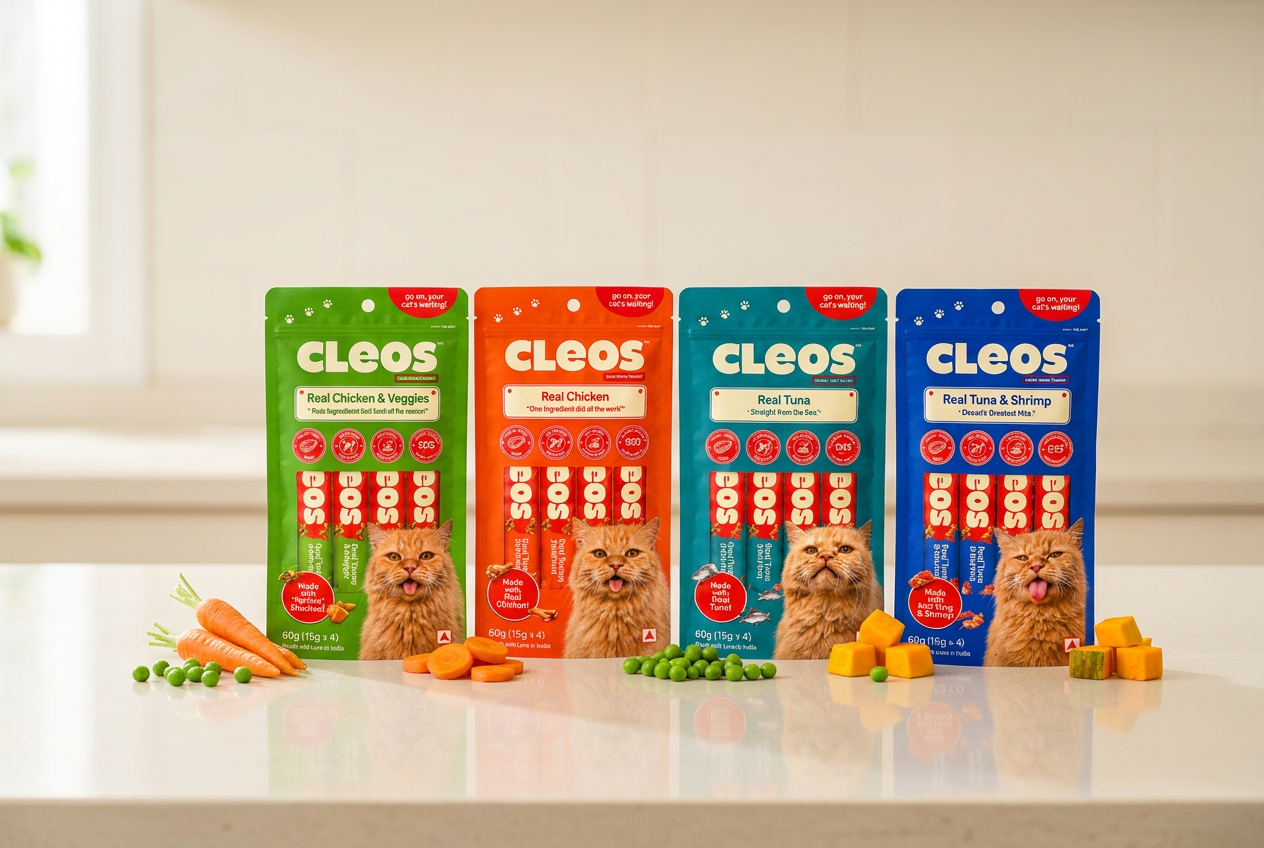 Cleos treat pouches with fresh cat-safe vegetables