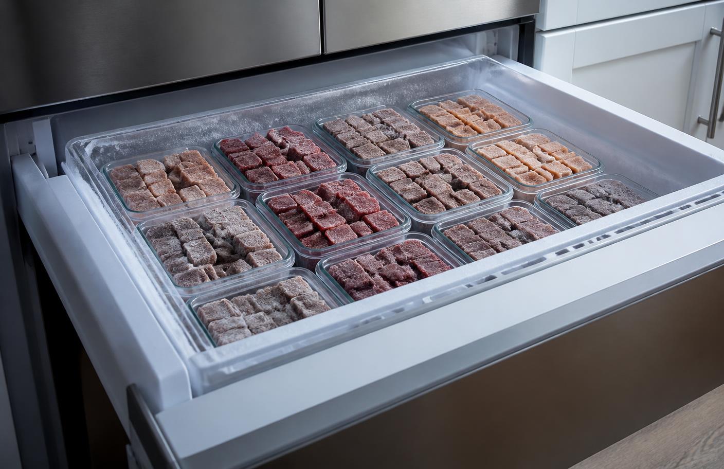 Portioned frozen raw pet food in a freezer drawer