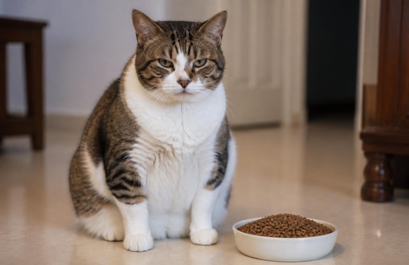 An overweight cat beside a bowl of filler-heavy kibble