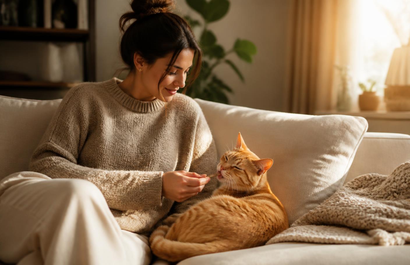 A cat bonding with its owner during treat time