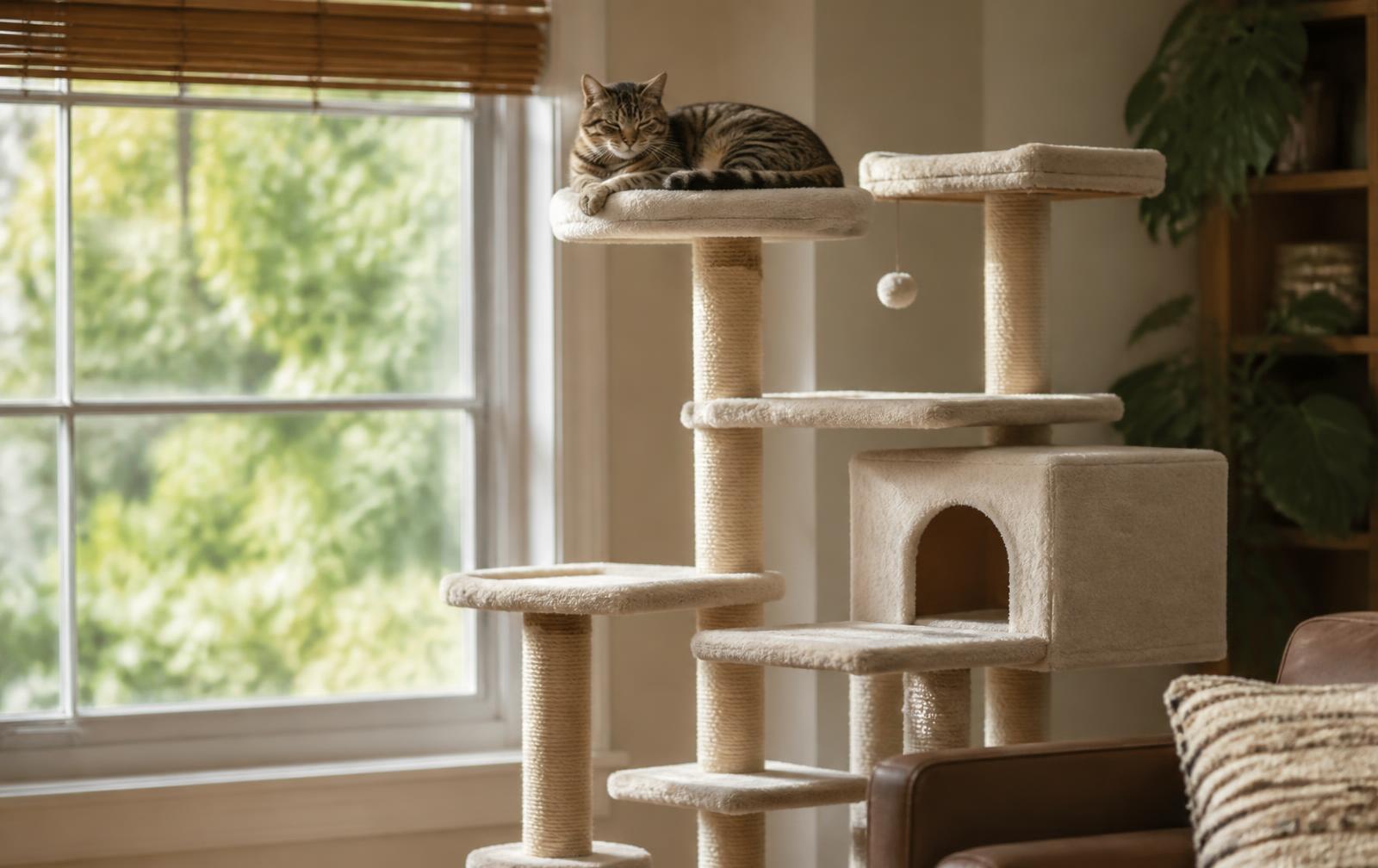 Cat perched on the top platform of a tall cat tree