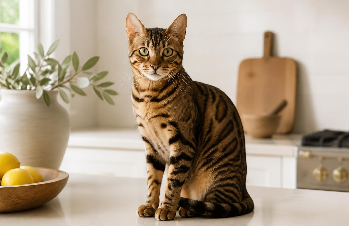 A glossy-coated healthy cat on a kitchen counter